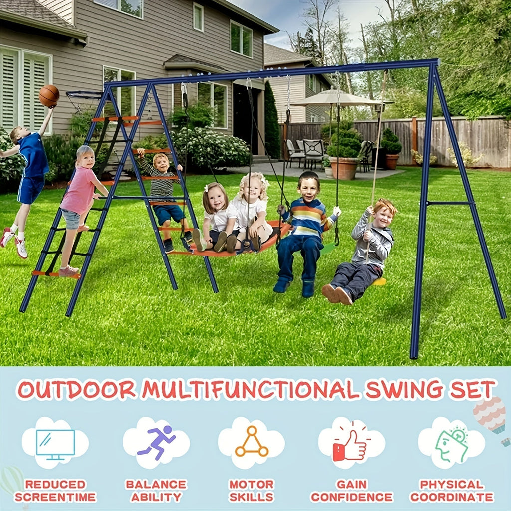 6-in-1 Outdoor Swing Set for Kids, 550LBS Heavy Duty A-Frame Backyard Swing Set with Adjustable Seats & Ground Stakes - Convertible Climbing Frame, Trapeze Bar & Multiple Attachments for Children Ages 3-12