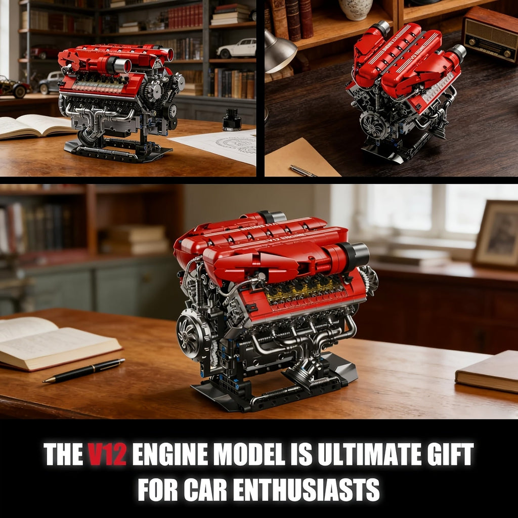1607pcs Motorized V12 Engine Model Kit with Rechargeable Motor – Sports Car Engine Assembly Set, STEM Mechanical Engineering Building Toy, Group Build Collectible, Holiday Birthday Gift for Adults & Teens