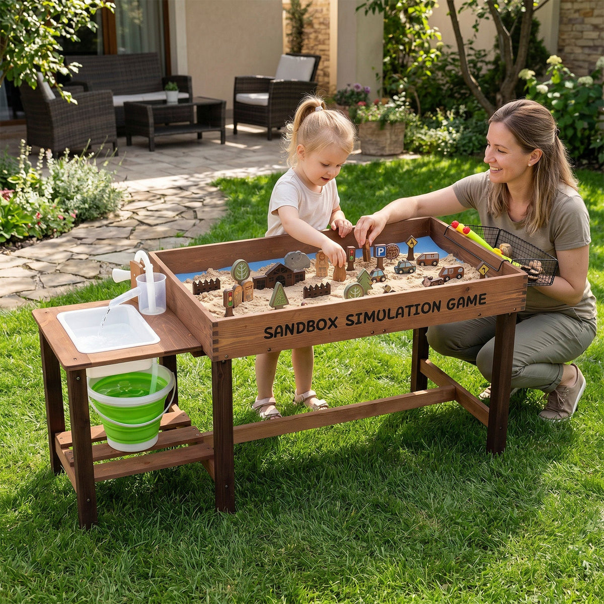Kids Wood Sensory Sand and Water Activity Table with Sink Water Pump 33 Sand Toys Rake Shovel Indoor Outdoor Sandcastle Building Toddler Learning Sensory Play Gift for Boys Girls Ages 3 Plus