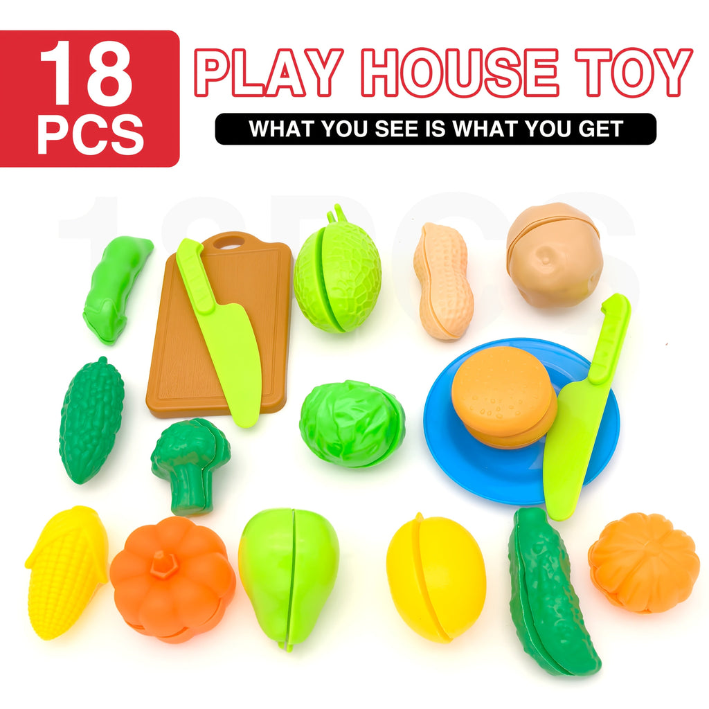 18 Pcs Kids Simulation Kitchen Toy Set Mini Cutting Fruit Vegetable Food Pretend Play Toys Skills Development Birthday Gift for Boys Girls Ages 3+ Random Colors