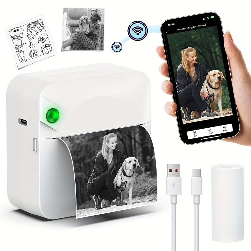 Mini Wireless Thermal Sticker Printer – Inkless Portable Bluetooth Pocket Printer for Photos, Diaries, Notes & Memos, Includes 1 Roll Thermal Paper, Smart Receipt & Label Maker