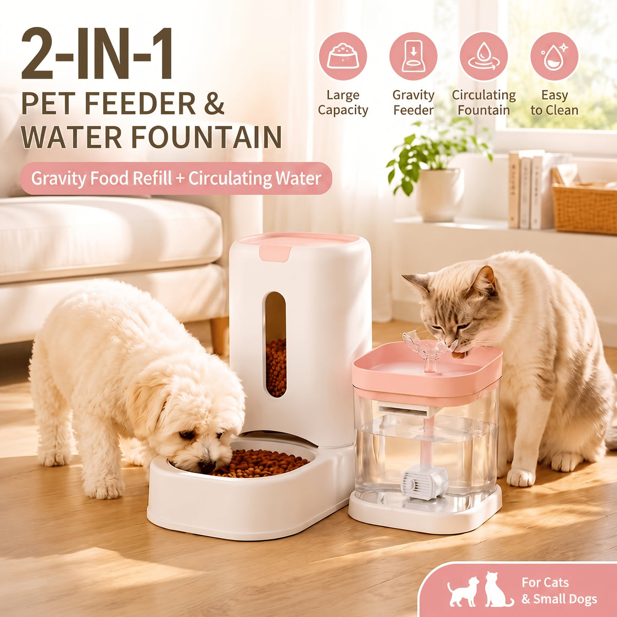 Automatic Pet Food & Water Dispenser 2-in-1 Set – 121oz Auto Cat Food Feeder + 60oz Water Fountain with No-Jam Design for Indoor Cats & Small Dogs