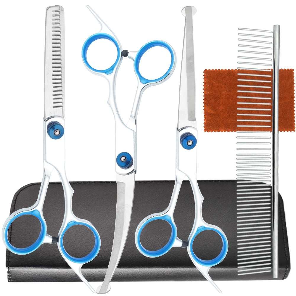 5-in-1 Dog Grooming Scissors Set - Professional Pet Grooming Kit with Safety Round Head, Thinning Shears & Clippers for Dogs Cats - Complete Pet Beauty Scissors Kit
