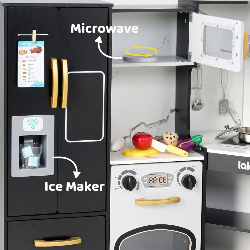 Wooden Corner Play Kitchen Set for Kids – Real Lights & Sounds, Double-Door Fridge, Ice Maker, Stovetop, Oven, Microwave & Accessories – ASTM & CPSIA Safe – Best Birthday Gift for Boys & Girls