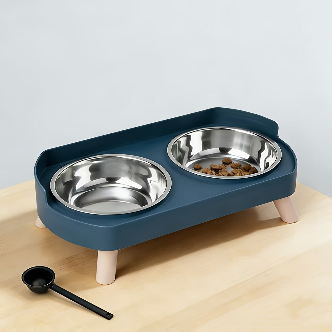 Elevated Cat Bowls Raised Stainless Steel - Double Cat Food and Water Bowl Set, Anti-Vomit Neck Protection, Non-Slip Feeder Stand, Splash-Proof Dishwasher Safe, Includes 2 Bowls & Pet Food Scoop for Indoor Cats