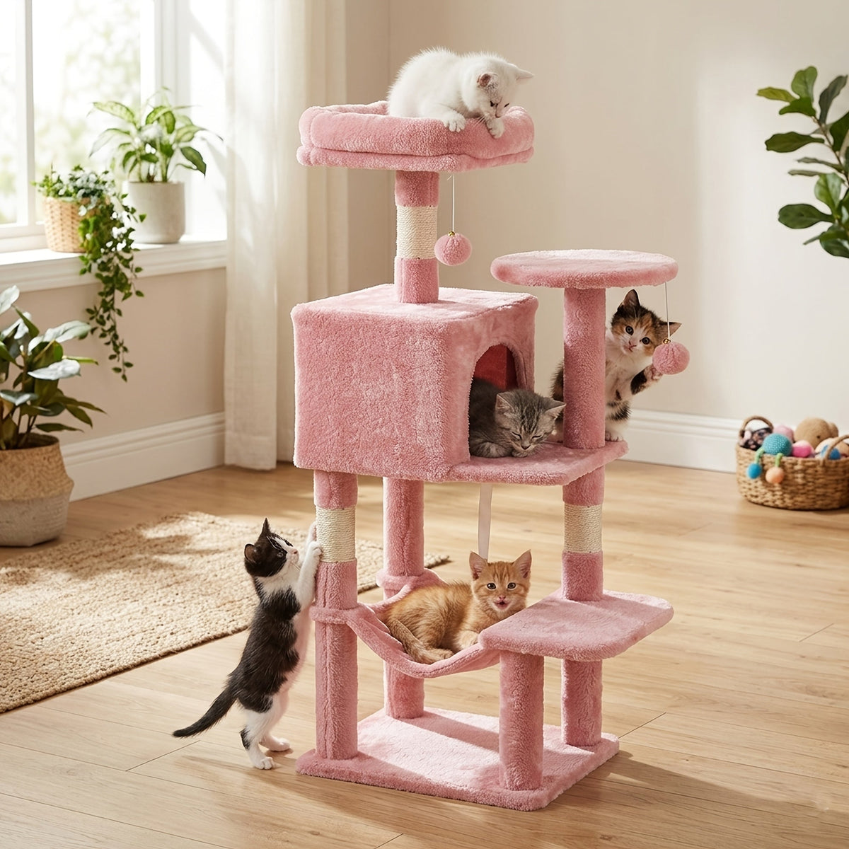 44" Cat Tree Tower with Hammock & Sisal Scratching Posts – Multi-Level Indoor Cat Condo with Natural Perches for Large & Multiple Cats, Sturdy Stable Base, Beige Gray Pink Black