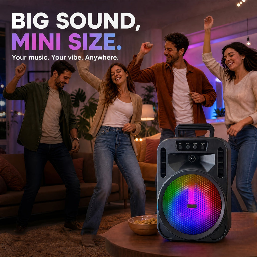 Portable Wireless PA Speaker System with Wired Microphone & RGB Lights – 6.5" Dual Woofer or 8" Subwoofer, FM Radio, USB/SD, Rolling Wheels for Party, DJ, Wedding & Meetings