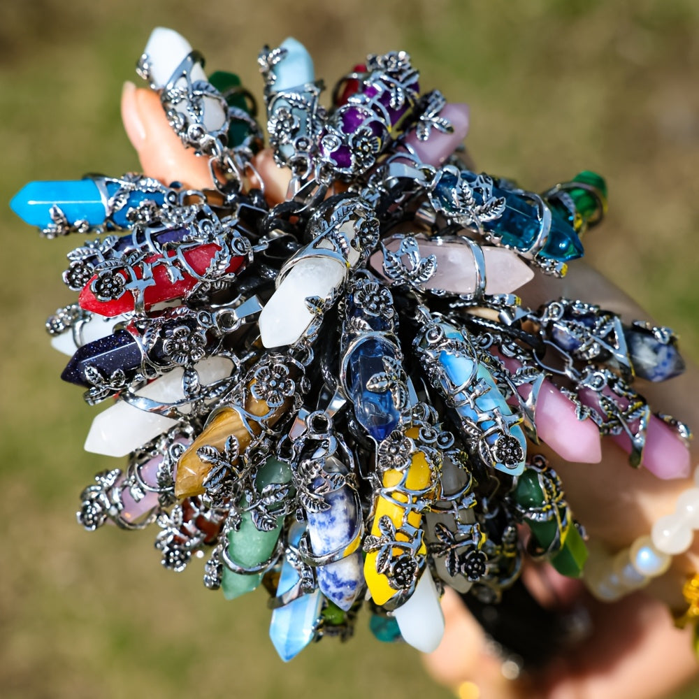 20pcs Natural Stone Hexagon Prism Pendant Necklace DIY Kit 10 Wrapped Flower Pendants and 10 Faux Leather Ropes Boho Handmade Jewelry Casual Accessories Gift