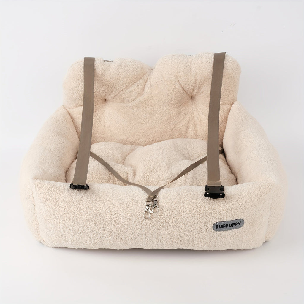 Cozy Plush Dog Car Seat Booster - Safe Portable Polyester Pet Booster Seat for Secure Travel, Soft Dog Bed for Car, S & M Sizes, Beige, Small & Medium Dogs and Cats