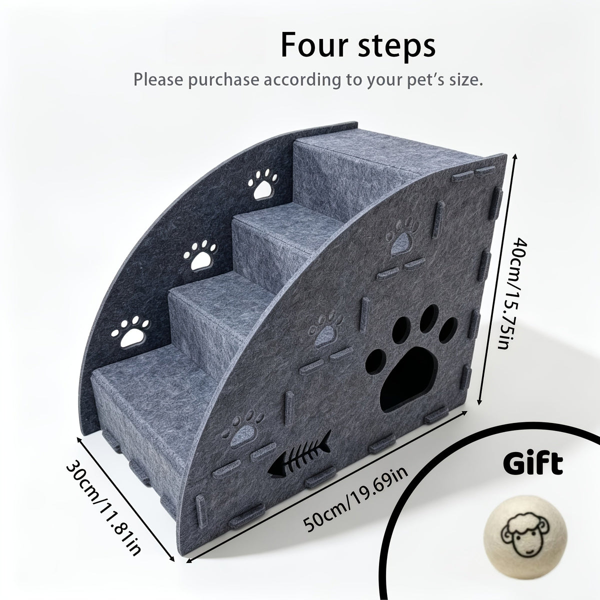 Felt Pet Stair Ramp with Cat Teaser Toy Bundle - Gentle Slope Non-Slip Cat Steps for Sofa & Bed Access, 3-in-1 Multifunctional Design, 3 Sizes (Small/Medium/Large) for Cats & Small Dogs