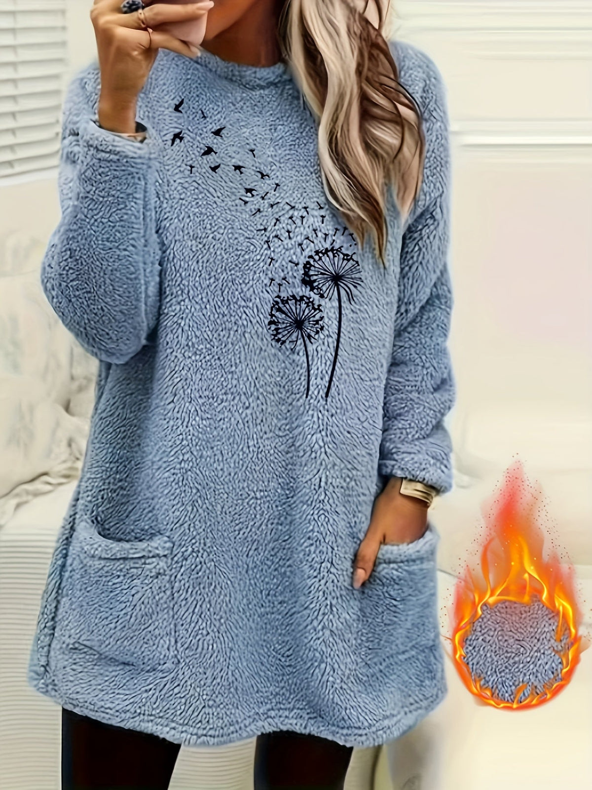 Dandelion Print Sweatshirt Women - Cozy Fleece-Lined Long Sleeve Pullover, Soft Stretch Casual Fall Winter Top, S-XXL