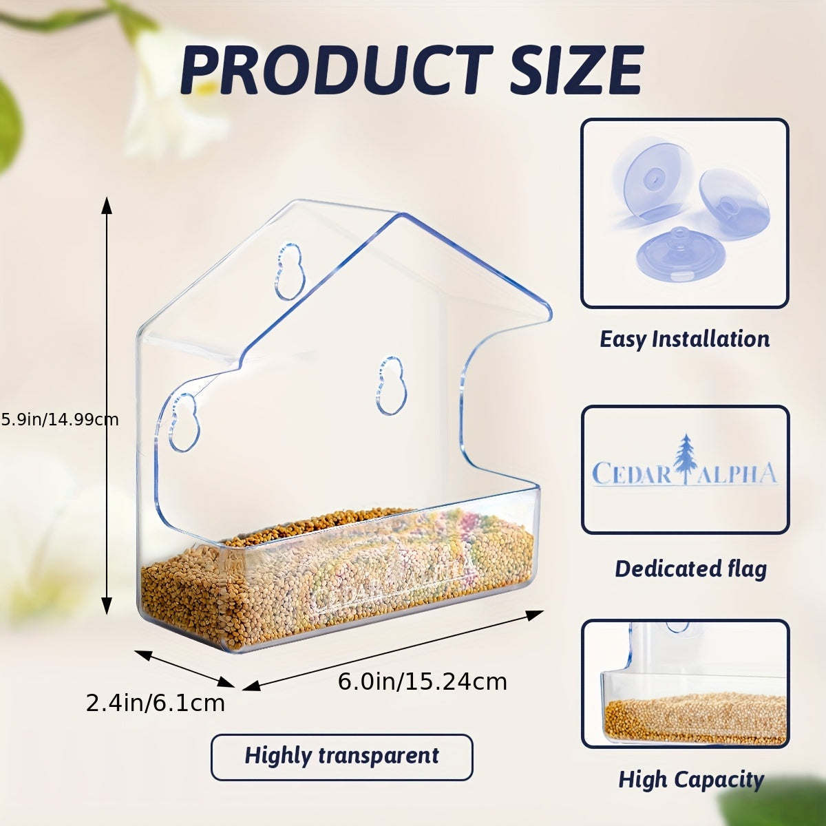 Window Bird Feeder Clear Plastic with Strong Suction Cups – Transparent Outside Bird Feeder for Close-Up Bird Watching, No Battery Needed, Durable Window Birdhouse for Wild Birds