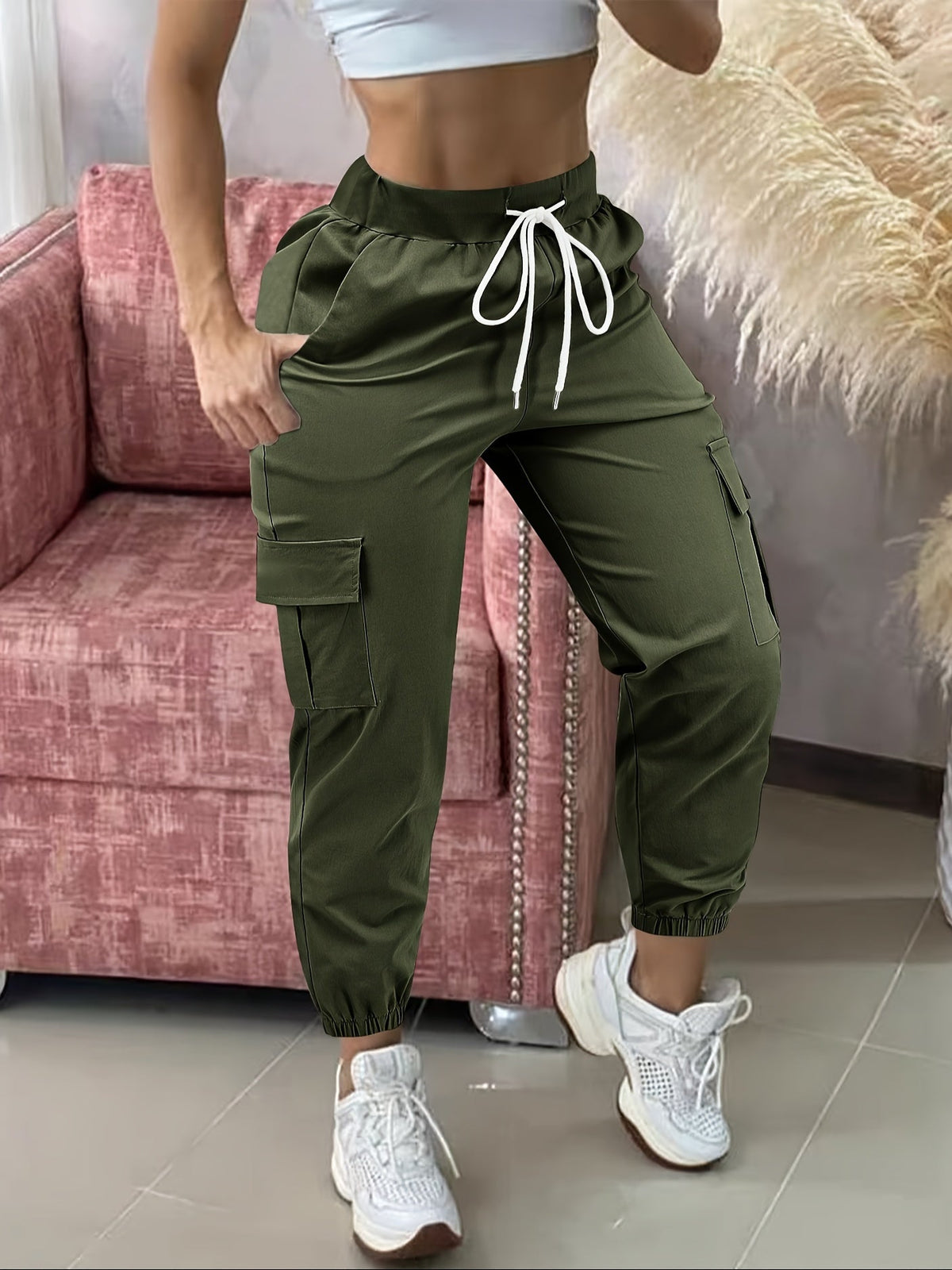 Cargo Pants Women Drawstring Waist Multiple Pockets Frayed Hem All-Season Comfort Fit Casual Wear - Black Khaki Olive Grey Navy Dark Gray S M L XL XXL Woven Stretch Fabric