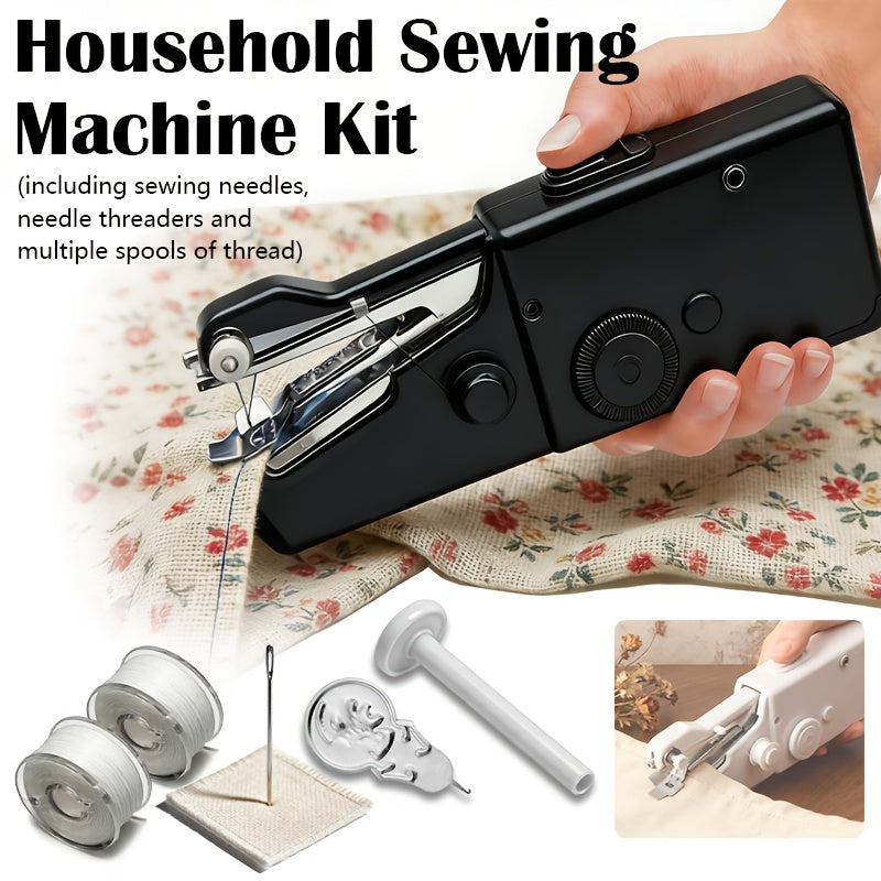 Compact Handheld Sewing Machine Kit Portable Battery Powered with Needles Bobbins Thread Spool Needle Threader and Fabric Sample – Quick Repair Tool for Clothes Garments Curtains and DIY Sewing Projects