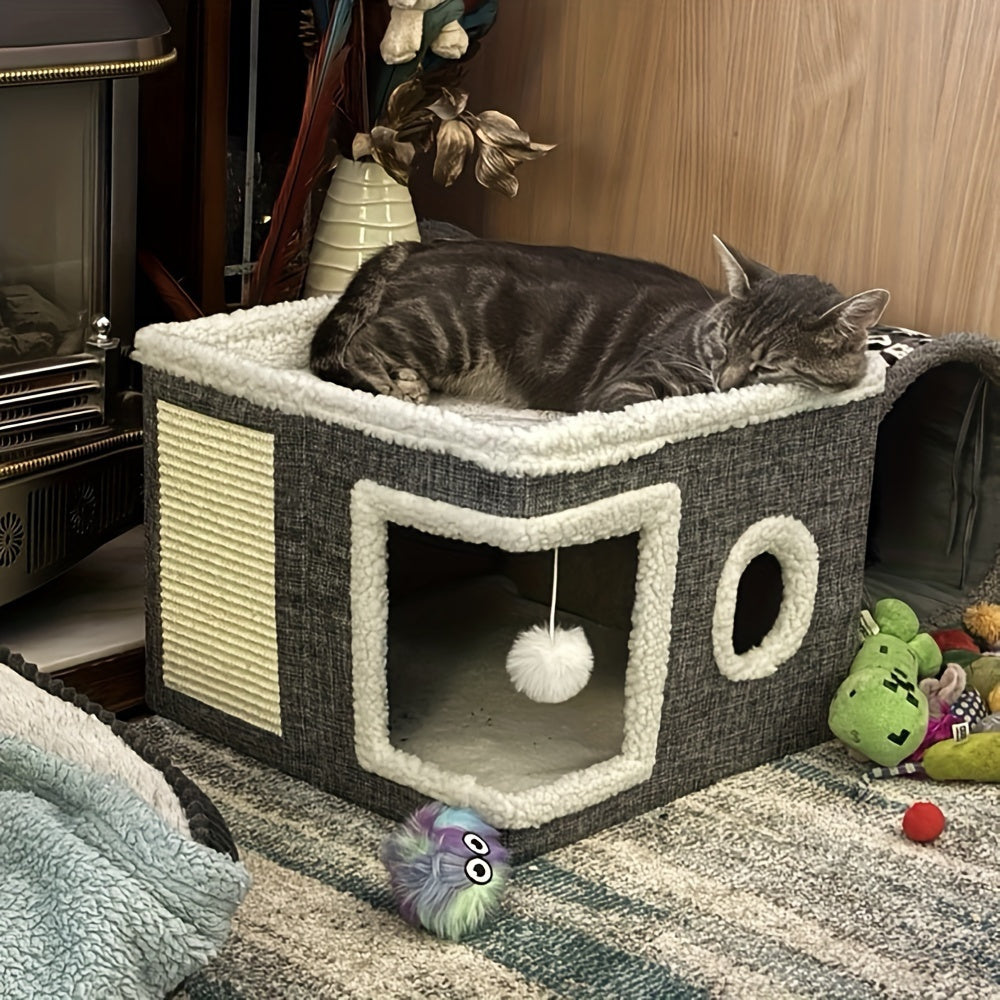 Multi-Layer Cat House with 2-Tier Bed, Toy Tunnel, Foldable Scratching Post & Cozy Mat – All-Season Indoor Cat Condo with Plush Hanging Ball, Nylon Frame & Canvas, Foldable Design