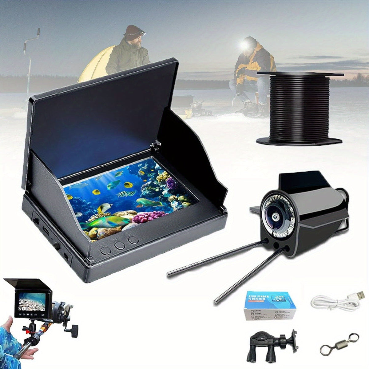 Fish Finder with HD Underwater Camera 4.3 Inch Screen 140 Degree Wide Angle Lens Fish Attracting Light Portable Fishing Viewing Set for Ice Fishing Lake River