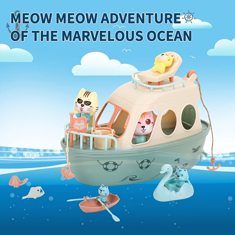 Cat Pirate Boat Playset for Kids – Kitten Pretend Play Toy with Cat Figures & Random Accessory Colors, Fun Pet Pretend Play Set, Pirate Party Favor Prize, Creative Gift for Boys Girls Ages 3 4 5 6+