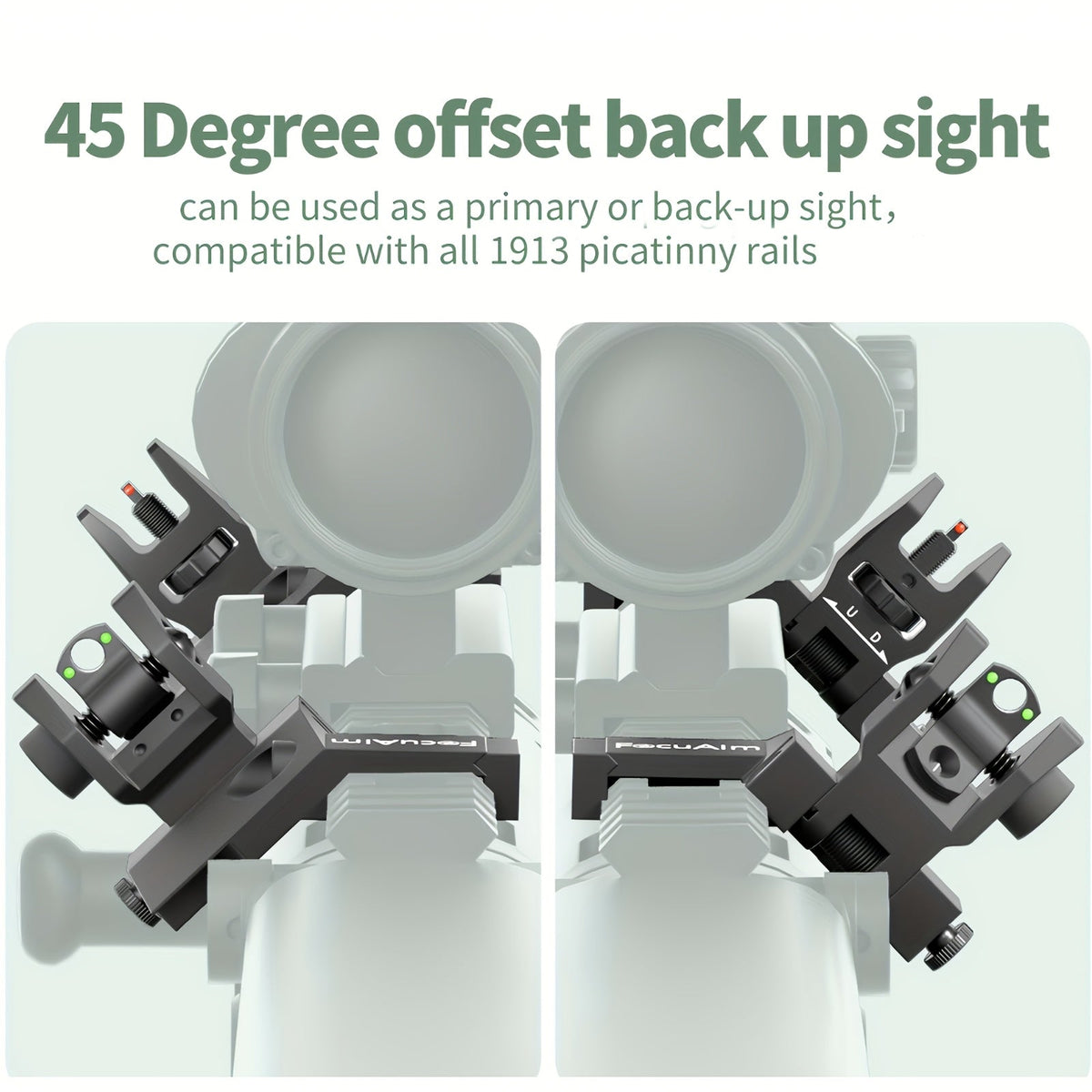 45 Degree Offset Flip Up Iron Sights for AR15 – Fiber Optic Red Green Dots, Tool-Free Adjustable, 20mm Rail Mount, Rapid Transition Backup Canted Sights for Rifle Shooting Outdoors