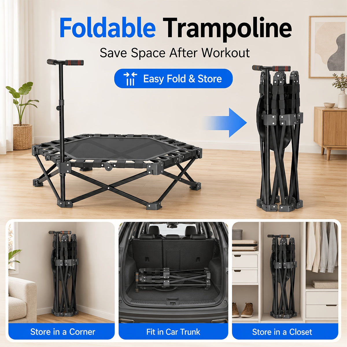 42-Inch Foldable Mini Rebounder Trampoline for Adults – Springless Fabric Strap System, 300 LB Capacity, Compact Indoor Fitness Bouncer for Home Gym, Cardio & Leisure Exercise, Space-Saving Design
