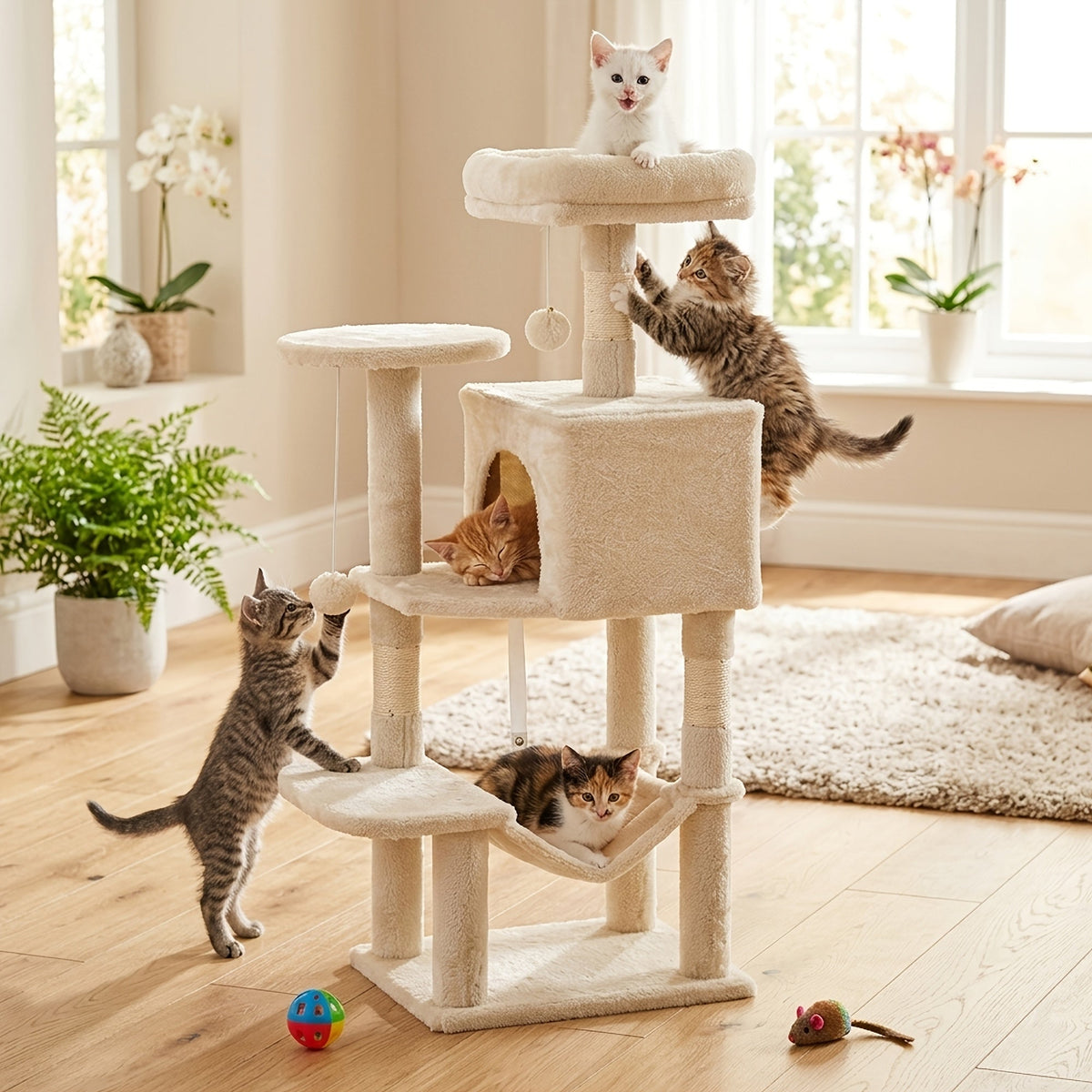 44" Cat Tree Tower with Hammock & Sisal Scratching Posts – Multi-Level Indoor Cat Condo with Natural Perches for Large & Multiple Cats, Sturdy Stable Base, Beige Gray Pink Black