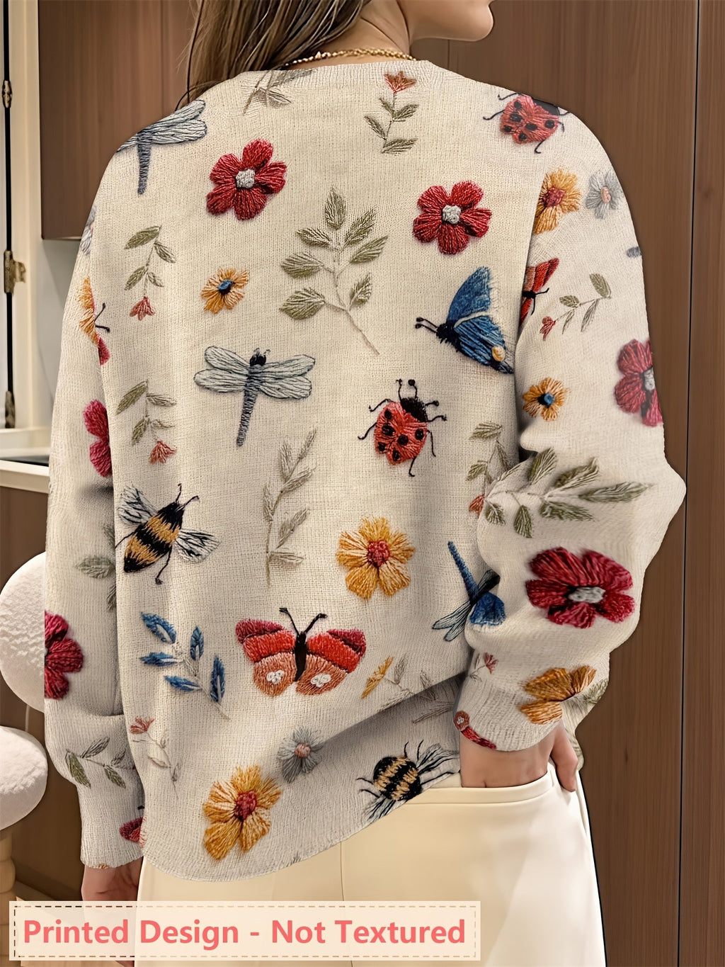 Women's Insect Floral Print Sweater Casual Long Sleeve Crew Neck Pullover Knit Top for Autumn Winter | Lightweight Soft Stretch All-Over Pattern