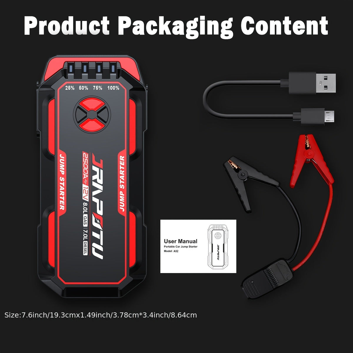 Portable Car Jump Starter 2500A Peak | 8000mAh-10000mAh 12V Battery Booster Pack, Up to 30 Starts, USB Charging Ports & LED Flashlight – Fits Gas 7.0L & Diesel 8.0L Engines, Trucks, SUVs, Motorcycles