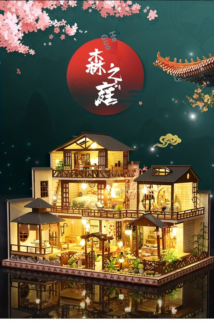 Japanese Style Villa Wooden 3D Puzzle Model Kit – Handmade DIY Architectural Miniature House, Forest Garden Cottage 3-Story Building, STEM Craft Gift for Adults & Teens