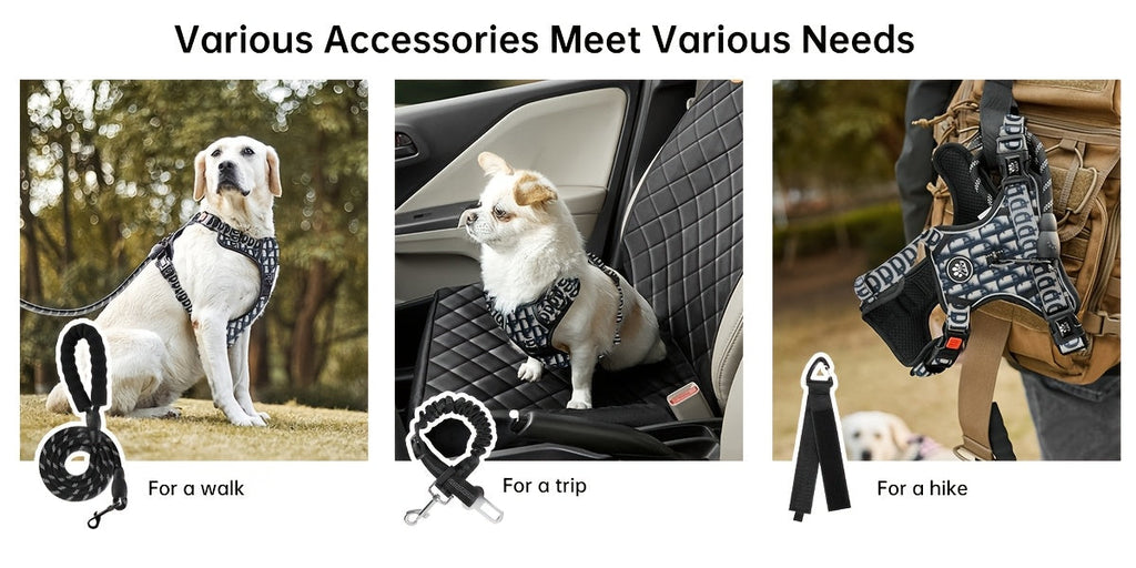 No Pull Dog Harness Set with Leash Retractable Seatbelt & Collar – Fully Reflective Adjustable Breathable Vest Harness with Handle for Small & Large Dogs XS–XL